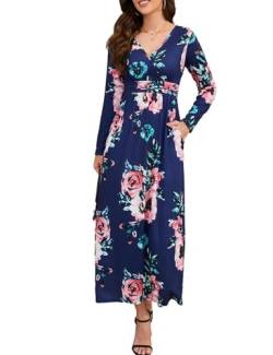 Elegantes Curvy Maxikleider Damen Lang mit Taschen Blumenkleid V-Ausschnitt Boho Kleid mit Empire-Taille Langarm A-Linie Freizeitkleid Festliche Kleider Partykleid Jerseykleider(Marineblau,L) von chuangminghangqi