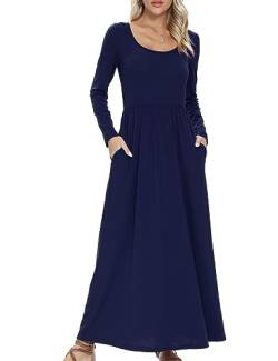 Elegantes Curvy Maxikleider Damen Lang mit Taschen Einfarbig Rundhals Blau Kleid mit Elastischer Taille Langarm A-Linie Freizeitkleid Festliche Kleider Partykleid Jerseykleider(Marineblau,L) von chuangminghangqi