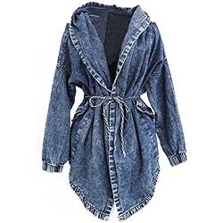 Frauen Casual Denim Jacke Revers Ärmel lange Trench Windbreaker Hooded Damen Parka Trenchcoat Jeansjacke Kapuzen Pullover Mantel Outerwear Jacket(Blau,Einheitsgröße) von chuangminghangqi