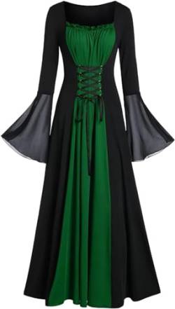Gothic Cosplay Damen Langarm Langes Kleid für Themenpartys oder Halloween Mittelalter Kontrastfarben Steampunk Kostüm Piratenkleid Viktorianisches Festliches Cocktailkleid Karnevalskostüm(Grün,XL) von chuangminghangqi