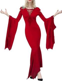 Halloween Kostüm Damen Hexenkostüm Sexy Ausgeschnittene Fledermausärmel Abendkleider Bodenlanges Kleid mit Schnürung am Ausschnitt Gothic Faschingskostüm Cosplay Karneval Partykleider(Rot,L) von chuangminghangqi