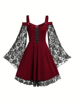 Halloween Weinrot Kleid mit Spitze und Trompetenärmeln Gothic Opernkleid Rockabilly Kleider für Kostümball und Teeparty Damen Karnevalskostüm Schulterfrei Cocktailkleider Punk Kostüme(Weinrot,M) von chuangminghangqi