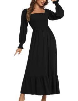 Laterne Langarm Eckiger Ausschnitt Maxikleid Damen Einfarbig A-Linie Geraffter Saum Cocktailkleid Brautjungfernkleid Umstandskleid Lang Jerseykleider Partykleid Frühlingskleid(Schwarz,S) von chuangminghangqi