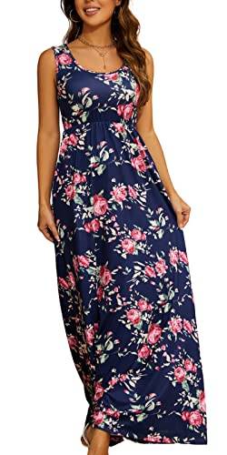 Maxikleid Damen Sommer mit Taschen Elegant Blumenkleid Casual Boho Kleid Hoher Taille Sommerkleid Damen Lang A-Linie Umstandskleid Freizeitkleider Brautjungfernkleid(Dunkelblau,M) von chuangminghangqi