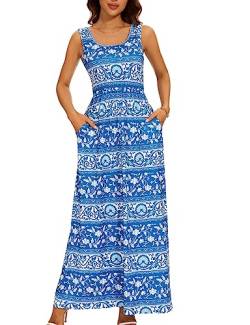 Maxikleid Damen Sommer mit Taschen Elegant Blumenkleid Casual Boho Kleid Hoher Taille Sommerkleid Damen Lang A-Linie Umstandskleid Freizeitkleider Lassiges Abendkleid Brautjungfernkleid(Blau,M) von chuangminghangqi