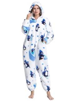 Onesie für Erwachsene Herren Overall Schlafanzug Praktischer Reißverschluss Kuscheloverall Damen Flauschig Teamkleidung Pyjama Winter Einteiler Jumpsuit Fasching Mit Kapuze(Weiß Pinguin,XL) von chuangminghangqi