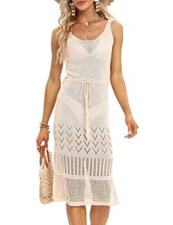 chuangminghangqi Damen Beige Rückenfrei Ärmellos Gehäkelte Boho Kleid mit Kordelzug Sexy Rundhals Strick-Strandkleid Sommer Cutout Häkel-Cover-Up Strandkleidung Beachwear Curvy Strickkleid(Beige,L) von chuangminghangqi