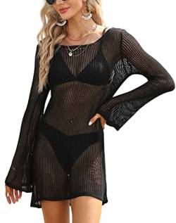 chuangminghangqi Damen Häkel Strandtunika Rundhals Langarm Häkel Sommerkleid SchwarzHohl Aus Bikini Strandbekleidung Mesh Strandkleider Beachwear Strandkleidung(Schwarz,L) von chuangminghangqi