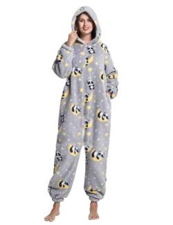 chuangminghangqi Einteiliger Schlafanzug Damen Lang Winter Einteiler Tierkostüm Erwachsene Kostüm Jumpsuit Damen Kuschelig Pyjama Fleece Onesie Kleidung Mit Kapuze und Reißverschluss (Panda-3016, S) von chuangminghangqi