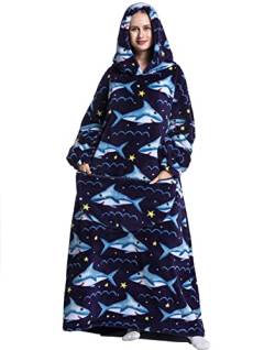 chuangminghangqi Hooded Blanket Sweatshirt Oversized Pullover Damen Riesige Fronttasche Plüsch Tragbare Decke mit Ärmeln Verlängert Übergroße Decken Hoodie Warme Schlafanzug(Einheitsgröße,Hai) von chuangminghangqi