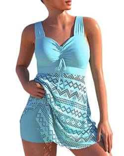 chuangminghangqi Tankini Damen Push up Große Größen Bademoden Blu Cut Out Tank Oberweite High Waist Bikini Set Curvy Swimsuits mit Badeshorts High Waist Badeanzug Sport Damen (Blu pallido,XL) von chuangminghangqi