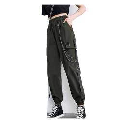 cinnamou Damen Cargo Hosen mit Kette Gothic Hosen Hohe Taille Cargo Hose Mehrfachtasche Punk Hosen Frauen Armee Militär Hip Hop Jogger Street Hosen von cinnamou Damen