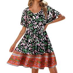 Boho Kleid Damen, Sommerkleid Bohemian Tunika Kleid Blumenkleid Strandkleid Dresses Kleider Lang Elegant Sommer Swing Damenkleid Kimono Hippie kostüm Festival Outfit Damen Minikleid T Shirt Kleid von cinnamou