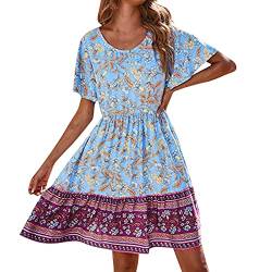 Boho Kleid Damen, Sommerkleid Bohemian Tunika Kleid Blumenkleid Strandkleid Dresses Kleider Lang Elegant Sommer Swing Damenkleid Kimono Hippie kostüm Festival Outfit Damen Minikleid T Shirt Kleid von cinnamou