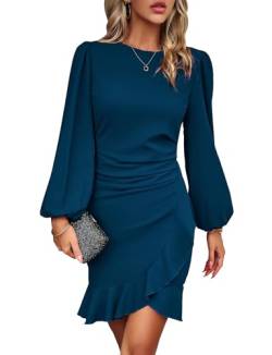 clear wind Damen Bishop Ärmel Wrap Rüschen Mini Bodycon Club Cocktailkleid, dunkelblau, X-Large von clear wind