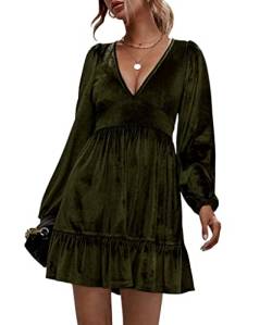 clear wind Damenkleid mit tiefem V-Ausschnitt, Mini-Rüschen, ausgestellt, Party-Samtkleid, armee-grün, Medium von clear wind