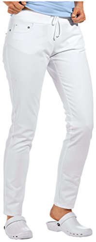 clinicfashion 10613024 Slim Stretch Jeans Hose Damen weiß, elastisches Rippstrickbündchen mit Kordeltunnelzug, Normallänge, Baumwolle, Größe 36 von clinicfashion