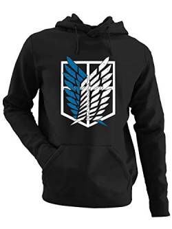 clothinx AOT Scouting Legion 2-Farb Variante Anime Design mit Titanen Aufklärungstrupp Wappen-Schild Perfekt für Fans und die nächste Convention Herren Kapuzen-Pullover Schwarz Gr. M von clothinx