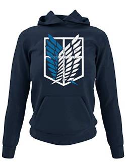 clothinx AOT Scouting Legion 2-Farb Variante Anime und Manga Design mit Titan Aufklärungstrupp Wappen-Schild Perfekt für Cosplay Fans und die nächste Convention Damen Kapuzen-Pullover Navy Gr. L von clothinx