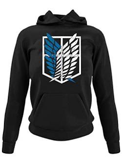 clothinx AOT Scouting Legion 2-Farb Variante Anime und Manga Design mit Titan Aufklärungstrupp Wappen-Schild Perfekt für Cosplay Fans und die nächste Convention Damen Kapuzen-Pullover Schwarz Gr. XXL von clothinx