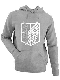 clothinx AOT Scouting Legion Anime und Manga Design mit Titan Aufklärungstrupp Wappen-Schild Perfekt für Cosplay Fans und die nächste Convention Herren Kapuzen-Pullover Grau Gr. 3XL von clothinx