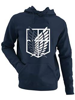 clothinx AOT Scouting Legion Anime und Manga Design mit Titan Aufklärungstrupp Wappen-Schild Perfekt für Cosplay Fans und die nächste Convention Herren Kapuzen-Pullover Navy Gr. S von clothinx