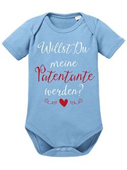 clothinx Baby Body Unisex Willst du Meine Patentante Werden? | Schönes Geschenk für die Taufpatin | Qualitativ Hochwertig Bedruckt | 100% Bio-Baumwoll Baby-Body Bio Weiß auf Himmelblau Gr. 68 von clothinx