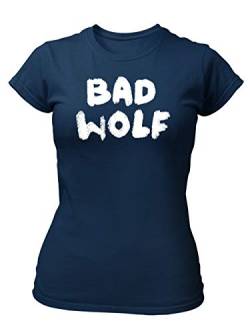 clothinx Bad Wolf | Serien und Zeitreise Text-Design Für Rose | Perfekt Für jeden Begleiter und alle Fans des Doktors Damen T-Shirt Fit Navy Gr. M von clothinx