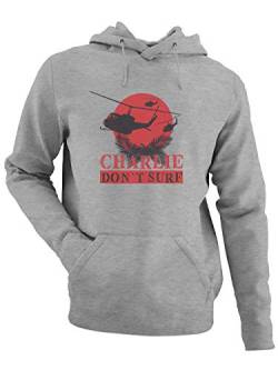 clothinx Charlie Don't Surf | 70er Retro Design in Vintage-Optik | Vietnam Helikopter Chopper mit Sonnenuntergang Herren Kapuzen-Pullover Grau Gr. L von clothinx