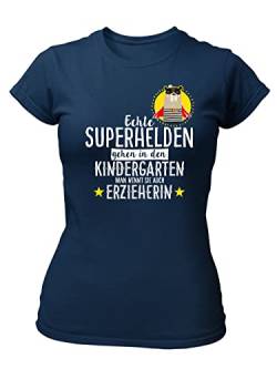 clothinx Erzieherin T-Shirt Frauen - Echte Superhelden gehen in den Kindergarten Man nennt sie auch Erzieherin Navy/Weißer Aufdruck Größe XXL von clothinx