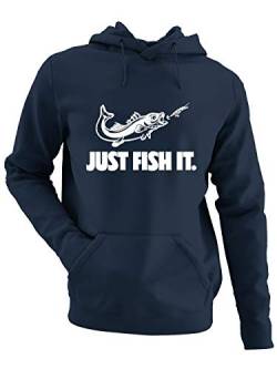 clothinx Herren Kapuzen-Pullover Angler Sprüche Just Fish it Navy/Weiß Größe XL von clothinx