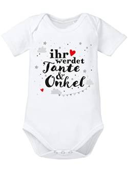 clothinx Ihr werdet Tante und Onkel Body mit Spruch | Geschenk Schwangerschaft & Geburt - Baby Body Bio Baumwolle | supersüße Geschenkidee für werdende Tanten und Onkel Weiß/Grau Größe 50-56 von clothinx