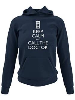 clothinx Keep Calm and Call The Doctor | Serien Zeitreise Text-Design Mit Notruf-Zelle | Perfekt Für Begleiter und Fans des Doktors Damen Kapuzen-Pullover Navy Gr. L von clothinx