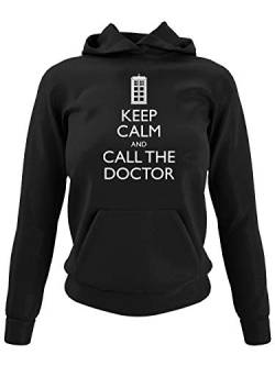 clothinx Keep Calm and Call The Doctor | Serien Zeitreise Text-Design Mit Notruf-Zelle | Perfekt Für Begleiter und Fans des Doktors Damen Kapuzen-Pullover Schwarz Gr. XL von clothinx