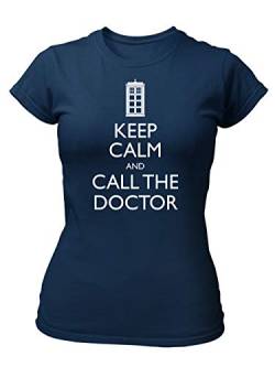 clothinx Keep Calm and Call The Doctor | Serien Zeitreise Text-Design Mit Notruf-Zelle | Perfekt Für Begleiter und Fans des Doktors Damen T-Shirt Fit Navy Gr. L von clothinx