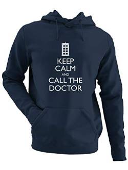 clothinx Keep Calm and Call The Doctor | Serien Zeitreise Text-Design Mit Notruf-Zelle | Perfekt Für Begleiter und Fans des Doktors Herren Kapuzen-Pullover Navy Gr. XXL von clothinx