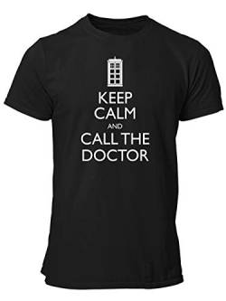 clothinx Keep Calm and Call The Doctor | Serien Zeitreise Text-Design Mit Notruf-Zelle | Perfekt Für Begleiter und Fans des Doktors Herren T-Shirt Schwarz Gr. XXL von clothinx