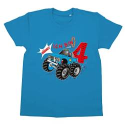 clothinx T-Shirts Kindergeburtstag 4 Jahre Monstertruck Fan Junge oder Mädchen - Monster - Truck - Geburtstag - Geburtsjahr - Alter - Geburtstagskind - Autos - Sprüche – Mitgebsel Blau 110-116 von clothinx