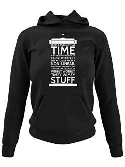 clothinx Wibbly Wobbly Timey Wimey Stuff | Time Stuff Serien Zeitreise Text-Design in Form Einer Notruf-Zelle | Perfekt Für Begleiter und Fans des Doktors Damen Kapuzen-Pullover Schwarz Gr. XXL von clothinx