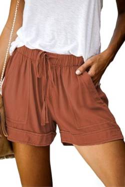 comefohome Shorts Damen Sommer High Waist Kordelzug Elastische Taille Lässig Kurze Hose Shorts mit Taschen H01 Braun Brown XL von comefohome