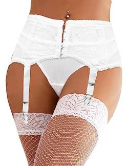 Sexy Strapsgürtel Damen Breit Spitze Strapsen Dessous Set Strumpfhalter Strumpfband Strapshalter 6 Verstellbaren Straps Garter Belt mit Metallclips Große Größen Hüfthalter(Weiß B,3XL-4XL) von comeondear