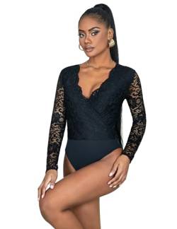 comeondear Body Damen Sexy Spitze Elegant Langarmbody Wetlook Bodysuit Große Größen Jumpsuit Oberteile Overalls unter mit Knöpfe Tops B-Schwarz,M von comeondear