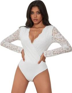 comeondear Sexy Body für Damen Große Größen Langarm Oberteile Spitze V-Ausschnitt Overall Bodysuit Curvy Spitzenbody Elegant Blusenbody Trachtenbody Party Tops Club mit Knöpfe(Weiß,M) von comeondear