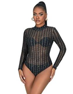 comeondear Transparent Body Damen Schwarz Spitze Langarmbody Sexy Spitze Große Größe Elegant Mesh Oberteile Bluse Bodysuit Women Plus Size Bodysuit Top unter mit Knöpfe(Schwarz,L) von comeondear