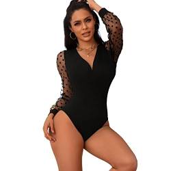 comeondear Body damen sexy Spitze Elegant Langarmbody Wetlook Bodysuit Jumpsuit Oberteile Overalls unter mit Knöpfe Tops(S,R-Schwarz) von comeondear