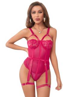 comeondear Damen Body mit Strapsen Sexy Bodysuit Spitze Teddy Dessous Set Mesh Lingerie Jumpsuit Große Größen Reizwäsche(Rosa 3XL-4XL/48-50) von comeondear