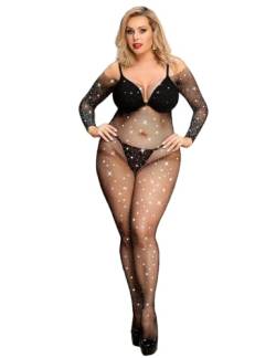 comeondear Sexy Bodystocking Ouvert Übergröße mit Strass Erotische Dessous Damen Sexy Reizwäsche Unten Offen Große Größen Catsuit Unterwäsche Netz-Bodystocking Nylon Negligee Schwarz,XS-M von comeondear