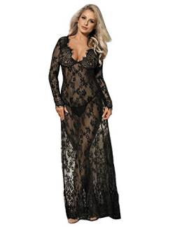 comeondear Damen Kleider Sexy Spitze Lang Langarm V-Ausschnitt Negligee Schwangerschafts Umstandskleid Cocktailkleid Abendkleid,S M/36 EU 38EU,Schwarz von comeondear