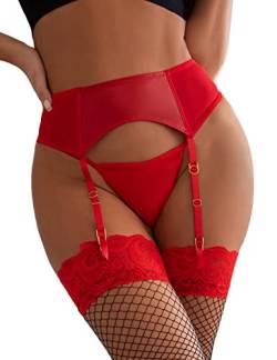 comeondear Damen Sexy Strapsgürtel Leder Strumpfhalter Wetlook Clips Strumpfgürtel Kunstleder Strumpfband mit G-String Clubwear Dessous Set Große Größen Reizwäsche(Rot M-L/40-42) von comeondear