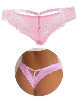 comeondear Damen Slips Spitze String Tanga Sexy Höschen Hollow Out Hipster Sommer Unterhosen Große Größen Unterwäsche(Rosa 3XL-4XL/48-50) von comeondear